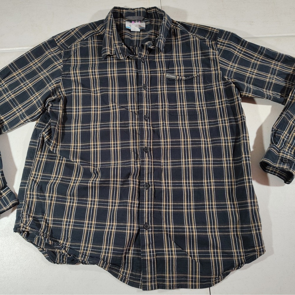 Columbia Shirt Men XL Black/Beige Plaid Hiking Outdoor Farmer Western Manly